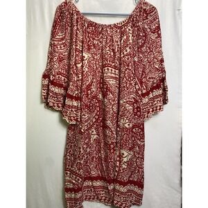 Umgee Womens L Red Ivory Paisley Tunic Dress Off Shoulder 3/4 Bell Sleeves Pocke